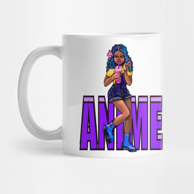 Cute Kawaii black Girl with bubble tea, African American, Black cartoon, purple text anime, game character girl by Artonmytee